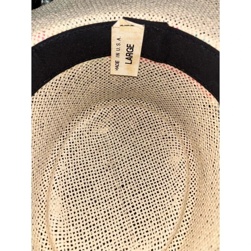 Town Talk Vintage Wide Brim Sun Hat Womens L Beige Straw Floral Band USA classic